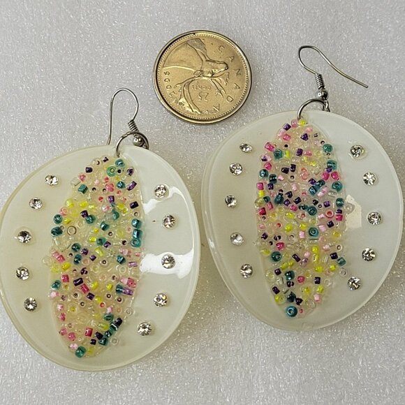Creamy White Large Earrings with multicolored Beads and Crystal Fashion Stones - Picture 8 of 14